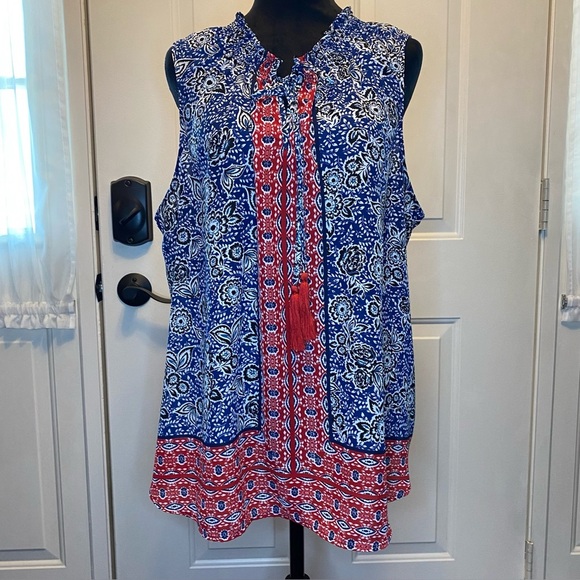 Zac & Rachel Sleeveless Blue and Red Boxy Tie Front Blouse Sz 2X - Picture 1 of 13